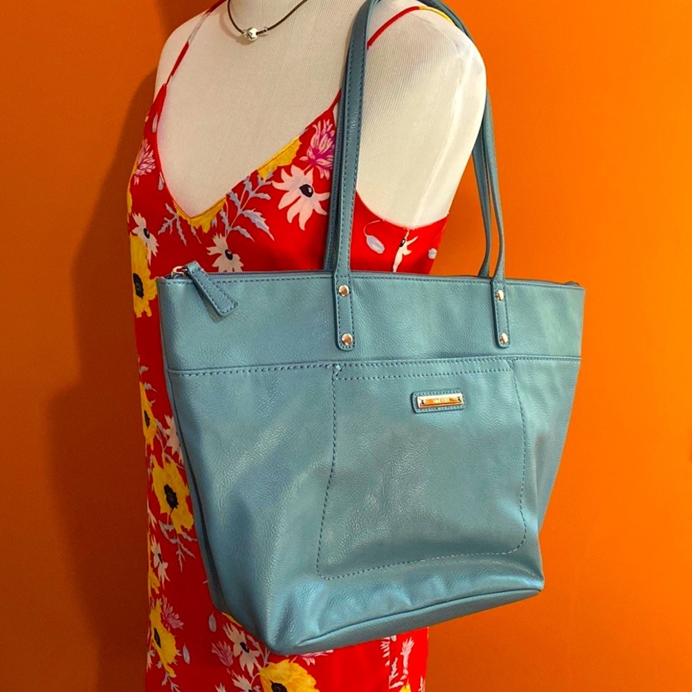 NINE WEST Shoulder Tote Bag Purse ~Pebbled Vegan Teal Blue Leather + Bonus Case